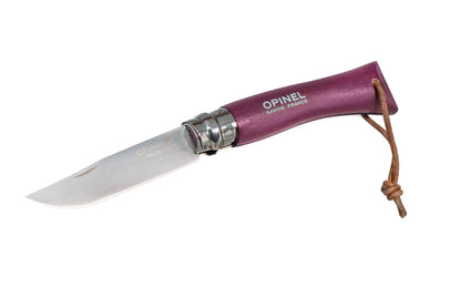 Made in France · Opinel Stainless Steel No. 8 Knife - Burgundy Color with a 3-1/4" long foldable blade with stainless locking collar ~ Made of 12c27 Sandvik stainless steel ~ Painted navy blue Beechwood handle with leather loop. "The adventurer" colorama Burgundy purple pocket knife.