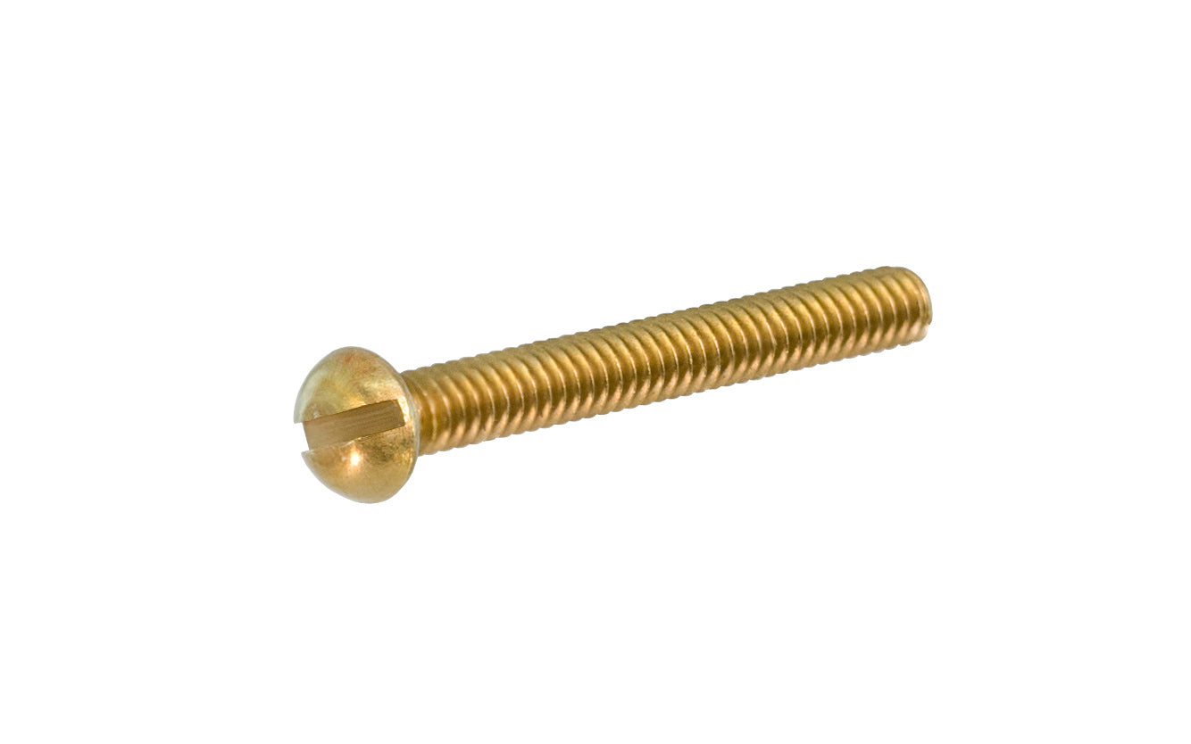 6-32 Thread Solid Brass Round Head Slotted Machine Screws. Available in  1-1/4" &  1-1/2" length sizes. Solid brass material. Available as singles, or in a bulk box. 