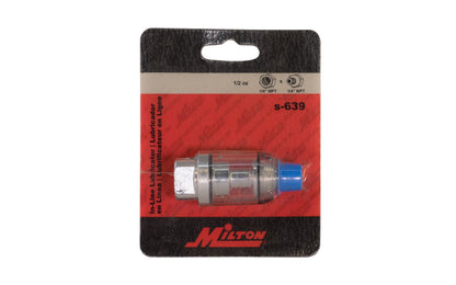 Milton In-Line Lubricator - S-639. In line lubricator with 1/4" MNPT x 1/4" FNPT to lubricate pneumatic tools for full protection.