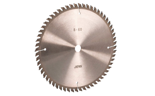 Japanese 8" circular saw blade with carbide teeth made by Sanwa. 60 tooth saw blade for woodworking. Grind: ATB saw blade - Alternating Tooth Bevel style. 0.12" kerf. Sanwa model SA 0860. Made in Japan.