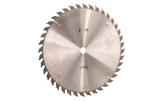 Japanese Sanwa 9" thin circular saw blade with carbide teeth - 40 Tooth. 40 tooth thin saw blade for woodworking. Grind: ATB saw blade - Alternating Tooth Bevel. 0.12" kerf blade. 5/8" arbor hole. Carbide tooth. Alternate tooth bevel blade. Sanwa model SA0940. Made in Japan.