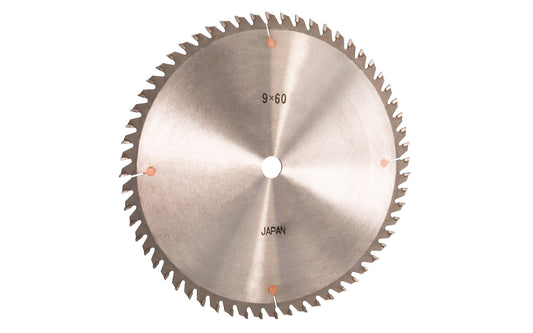 Japanese Sanwa 9" thin circular saw blade with carbide teeth - 60 Tooth. 60 tooth thin saw blade for woodworking. Grind: ATB saw blade - Alternating Tooth Bevel. 0.12" kerf blade. 5/8" arbor hole. Carbide tooth. Alternate tooth bevel blade. Sanwa model SA0960. Made in Japan.