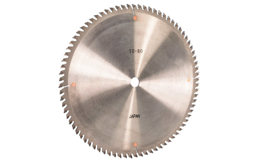 Japanese Sanwa 10" circular saw blade with carbide teeth - 80 Tooth. 80 tooth saw blade for woodworking. Grind: ATB saw blade - Alternating Tooth Bevel style. 0.12" kerf blade. 5/8" arbor hole. Carbide tooth. Triple Chip blade. Sanwa model SA1080. Made in Japan.