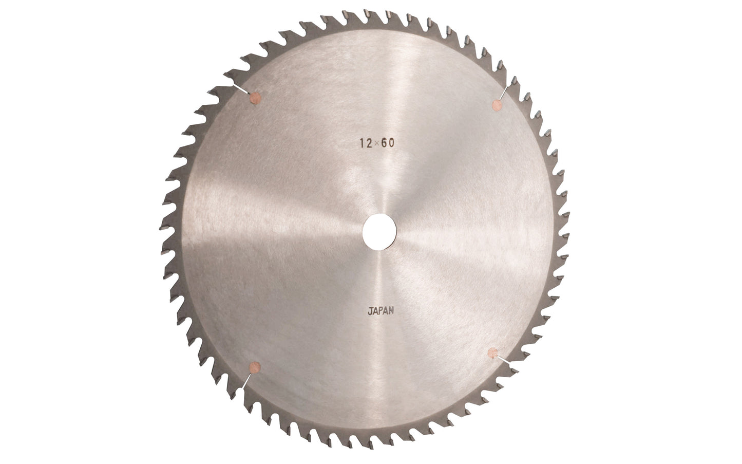 Japanese 12" circular saw blade with carbide teeth made by Sanwa. 60 tooth saw blade for woodworking. Grind: ATB saw blade - Alternate Tooth Bevel style. 0.14" kerf. Sanwa model SA 1260. Made in Japan.