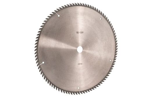 Japanese Sanwa 16" circular saw blade with carbide teeth - 100 Tooth. 100 tooth thin saw blade for woodworking. Grind: ATB saw blade - Alternate Tooth Bevel style. 0.16" kerf blade. 25 mm arbor hole. Carbide tooth. 1" (25 mm) arbor hole. Alternate tooth bevel blade. Sanwa model SA1600. Made in Japan.