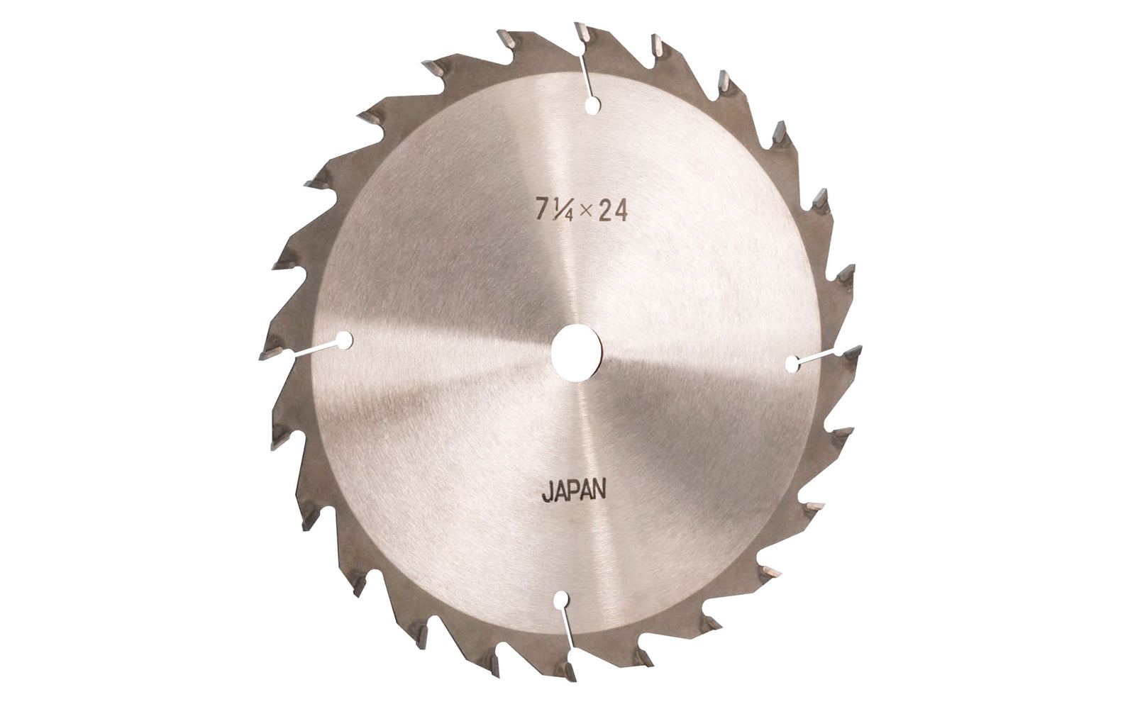 Japanese Sanwa 7-1/4" circular saw blade with carbide teeth - 24 Tooth. 24 tooth saw blade for woodworking. Grind: ATB saw blade - Alternating Tooth Bevel. 0.11" kerf blade. 5/8" arbor hole. Carbide tooth. Alternate tooth bevel blade. Sanwa model SA7224. Made in Japan.