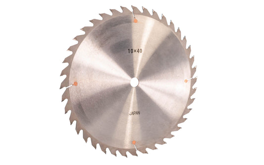 Japanese Sanwa 10" thin kerf circular saw blade with carbide teeth - 40 Tooth. 40 tooth thin saw blade for woodworking. Grind: ATB saw blade - Alternating Tooth Bevel. 0.09" thin kerf blade. 5/8" arbor hole. Carbide tooth. Alternate tooth bevel blade. Sanwa model SB1040. Made in Japan.
