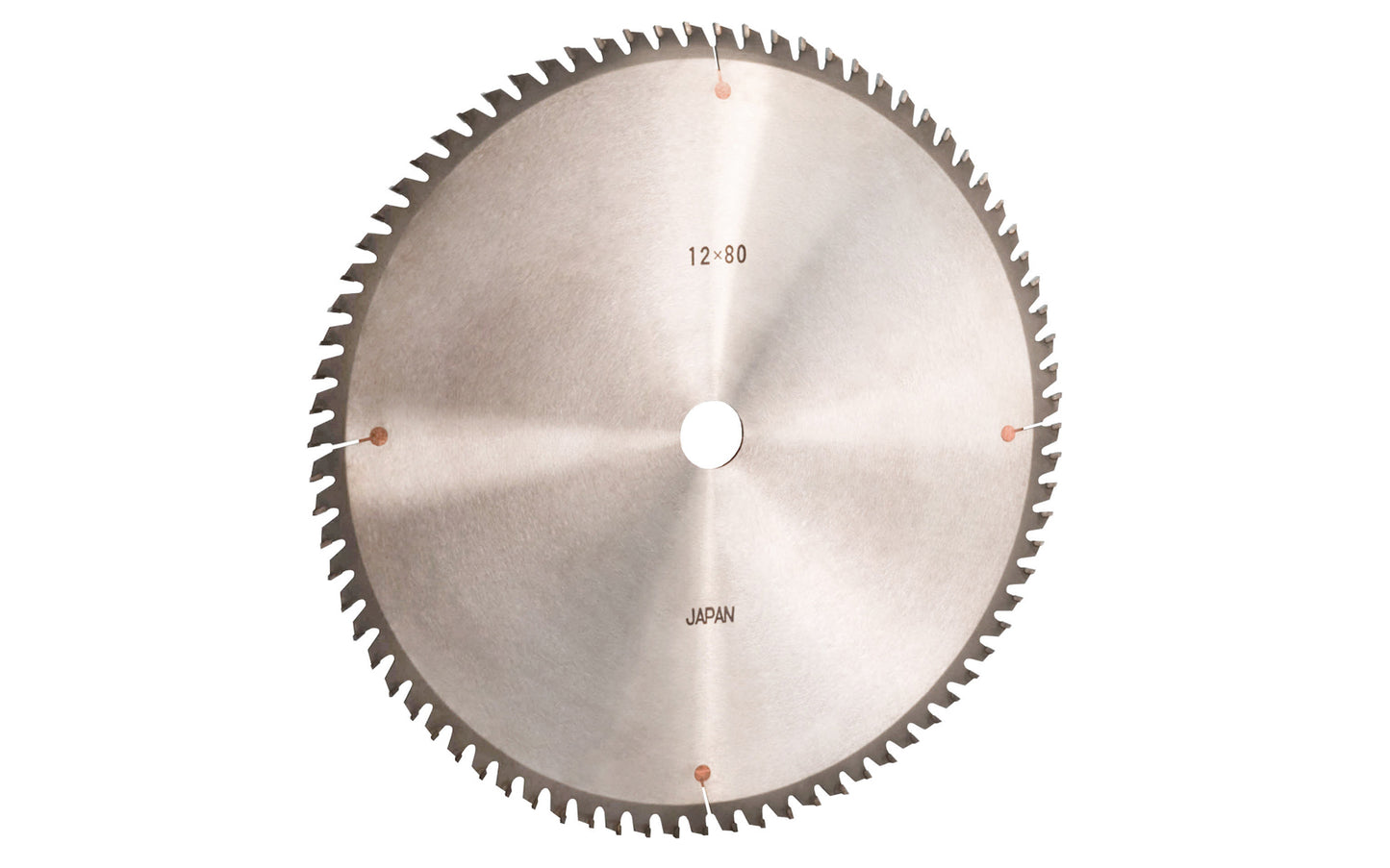 Japanese Sanwa 12" thin kerf circular saw blade with carbide teeth - 80 Tooth. 80 tooth saw blade for woodworking. Grind: ATB saw blade - Alternating Tooth Bevel style. 0.10" kerf blade. 5/8" arbor hole. Carbide tooth. Triple Chip blade. Sanwa model SB1280. Made in Japan.