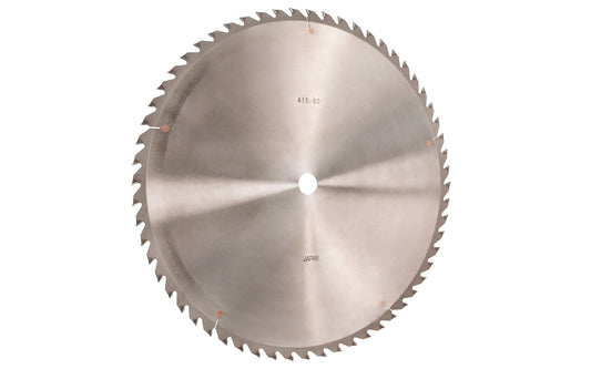 Japanese Sanwa 16-5/16" thin kerf circular saw blade with carbide teeth - 60 Tooth. 60 tooth thin saw blade for woodworking. Grind: ATB saw blade - Alternating Tooth Bevel. 0.11" kerf blade. 25 mm arbor hole. Carbide tooth. 1" (25 mm) arbor hole. Alternate tooth bevel blade. Sanwa model SB1760M. Made in Japan.