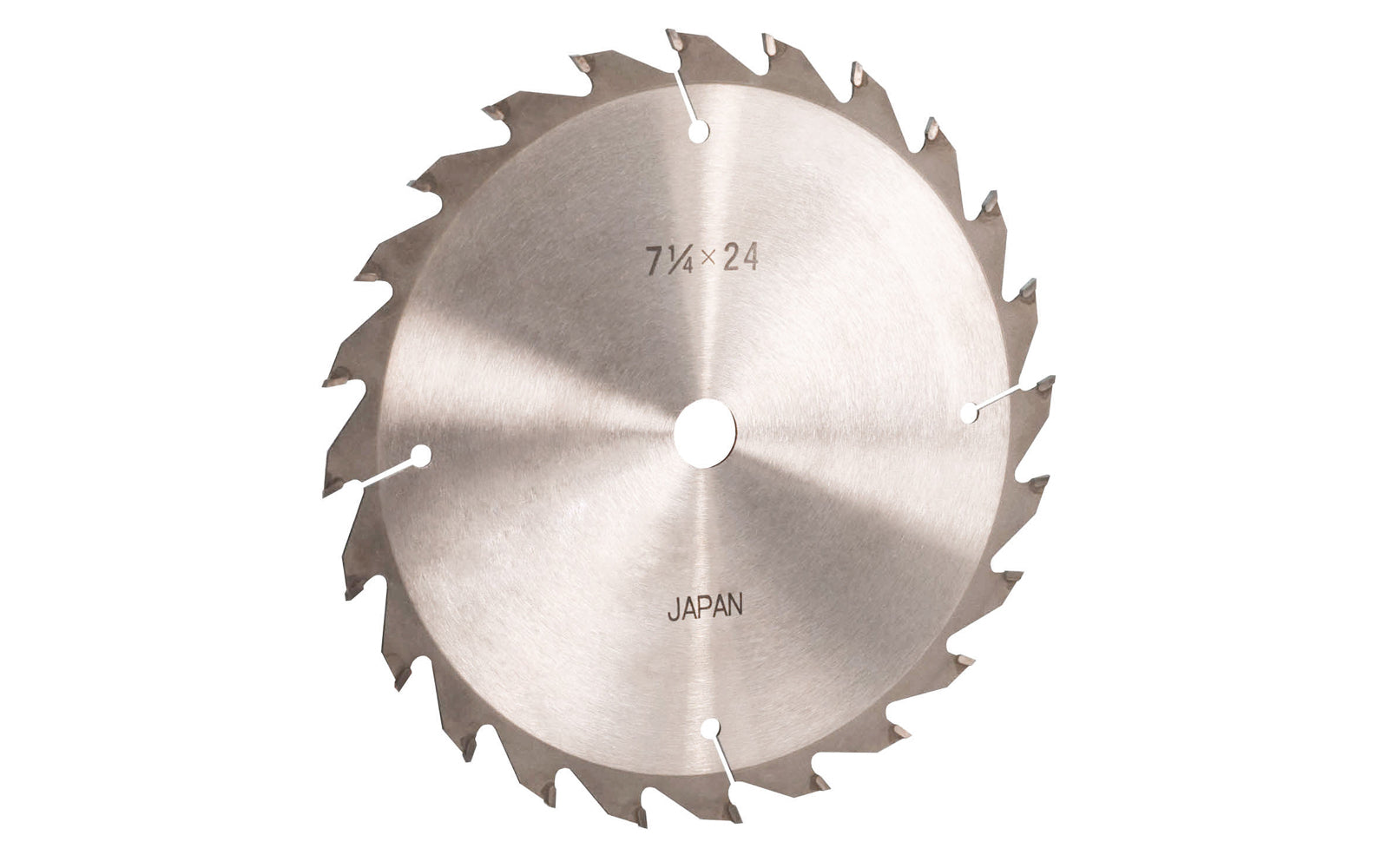 Japanese Sanwa 7-1/4" thin circular saw blade with carbide teeth - 24 Tooth. 24 tooth saw blade for woodworking. Grind: ATB saw blade - Alternating Tooth Bevel. 0.09" kerf blade. 5/8" arbor hole. Carbide tooth. Alternate tooth bevel blade. Sanwa model SB7224. Made in Japan.