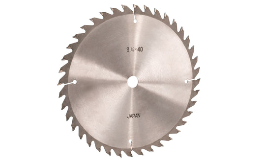 Japanese 8-1/4" thin kerf circular saw blade with carbide teeth made by Sanwa. 40 tooth saw blade for woodworking. Grind: ATB saw blade - Alternate Tooth Bevel style. 0.09" thin kerf. Sanwa model SB 8240. Made in Japan.