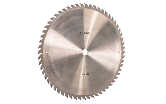 Japanese Sanwa 10" thin kerf circular saw blade with carbide teeth - 60 Tooth. 60 tooth saw blade for woodworking. Grind: TCG saw blade - Triple Chip Grind style. 0.09" thin kerf blade. 5/8" arbor hole. Carbide tooth. Triple Chip blade. Sanwa model SC1060. Made in Japan.