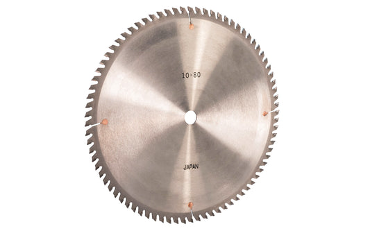 Japanese Sanwa 10" thin kerf circular saw blade with carbide teeth - 80 Tooth. 80 tooth saw blade for woodworking. Grind: TCG saw blade - Triple Chip Grind style. 0.09" thin kerf blade. 5/8" arbor hole. Carbide tooth. Triple Chip blade. Sanwa model SC1080. Made in Japan.