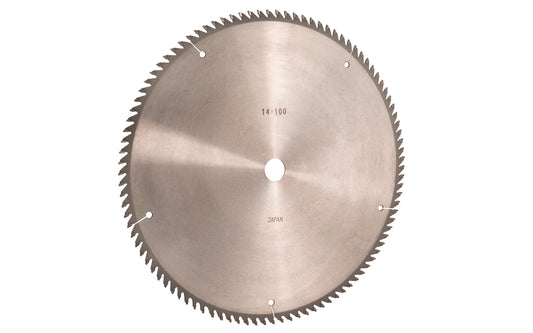 Japanese Sanwa 14" circular saw blade with carbide teeth - 100 Tooth. 100 tooth thin saw blade for woodworking. Grind: TCG saw blade - Triple Chip Grind style. 0.14" kerf blade. 25 mm arbor hole. Carbide tooth. 1" (25 mm) arbor hole. Alternate tooth bevel blade. Sanwa model ST1400. Made in Japan.