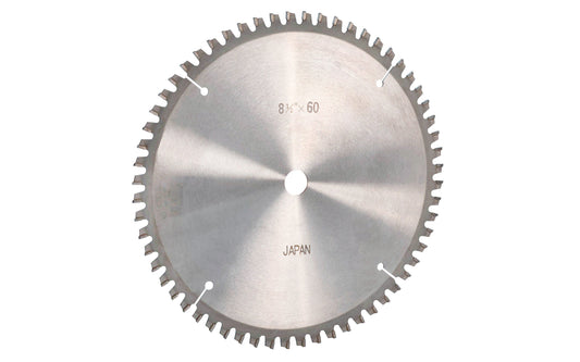 Japanese 8-1/2" thin kerf circular saw blade with carbide teeth made by Sanwa. Negative 5° Hook. 60 tooth saw blade for woodworking. Grind: TCG saw blade - Triple Chip Grind style. 0.09" thin kerf. Sanwa model SC 8560N. Made in Japan.
