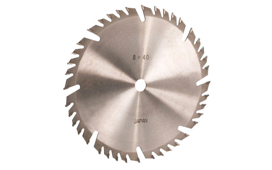 Japanese 8" circular saw blade with carbide teeth made by Sanwa. 40 tooth saw blade for woodworking. Grind: Four Teeth & Raker Style. 0.12" kerf. Sanwa model SF 0840. Made in Japan.