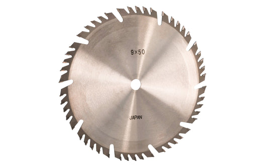 Japanese 9" circular saw blade with carbide teeth made by Sanwa. 50 tooth saw blade for woodworking. Grind: Four Teeth & Raker Style. 0.12" kerf. Sanwa model SF 0950. Made in Japan.