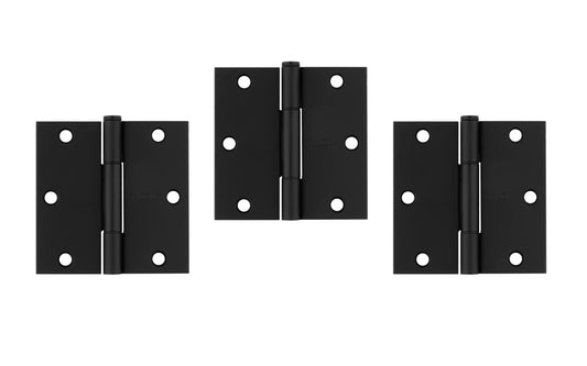 3-1/2" x 3-1/2" size  "Squeak Guard" Door Hinges - 3 Pack. Enables doors to pivot on one edge as they silently open & close. Matte black finish on steel material. Square corners. Removable pin. National Hardware Model No. N830-445.