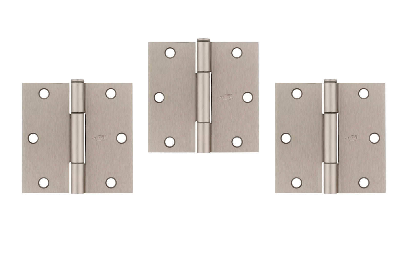 3-1/2" x 3-1/2" size  "Squeak Guard" Door Hinges - 3 Pack. Enables doors to pivot on one edge as they silently open & close. Satin Nickel finish on steel material. Square corners. Removable pin. National Hardware Model No. N830-448. 