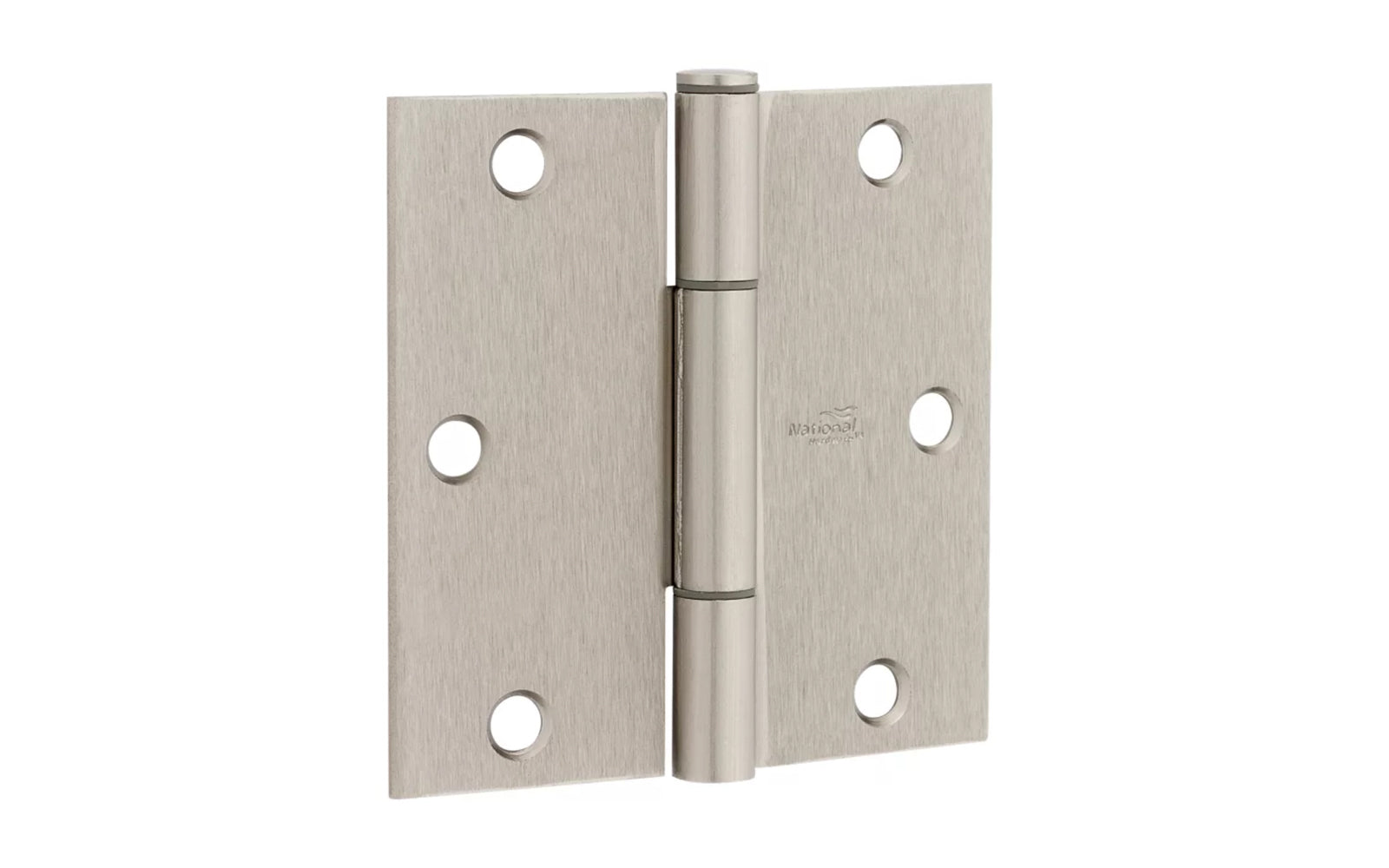 3-1/2" x 3-1/2" size  "Squeak Guard" Door Hinges - 3 Pack. Enables doors to pivot on one edge as they silently open & close. Satin Nickel finish on steel material. Square corners. Removable pin. National Hardware Model No. N830-448. 