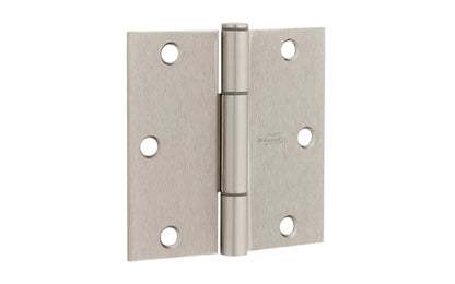 3-1/2" x 3-1/2" size  "Squeak Guard" Door Hinges - 3 Pack. Enables doors to pivot on one edge as they silently open & close. Satin Nickel finish on steel material. Square corners. Removable pin. National Hardware Model No. N830-448. 