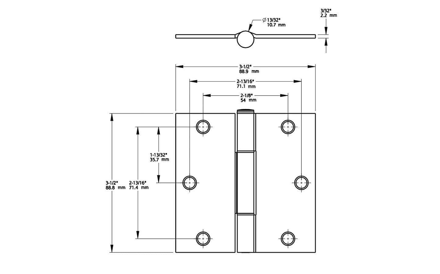 3-1/2" x 3-1/2" size  "Squeak Guard" Door Hinges - 3 Pack. Enables doors to pivot on one edge as they silently open & close. Satin Nickel finish on steel material. Square corners. Removable pin. National Hardware Model No. N830-448. 