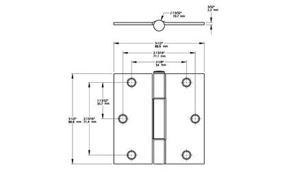 3-1/2" x 3-1/2" size  "Squeak Guard" Door Hinges - 3 Pack. Enables doors to pivot on one edge as they silently open & close. Satin Nickel finish on steel material. Square corners. Removable pin. National Hardware Model No. N830-448. 