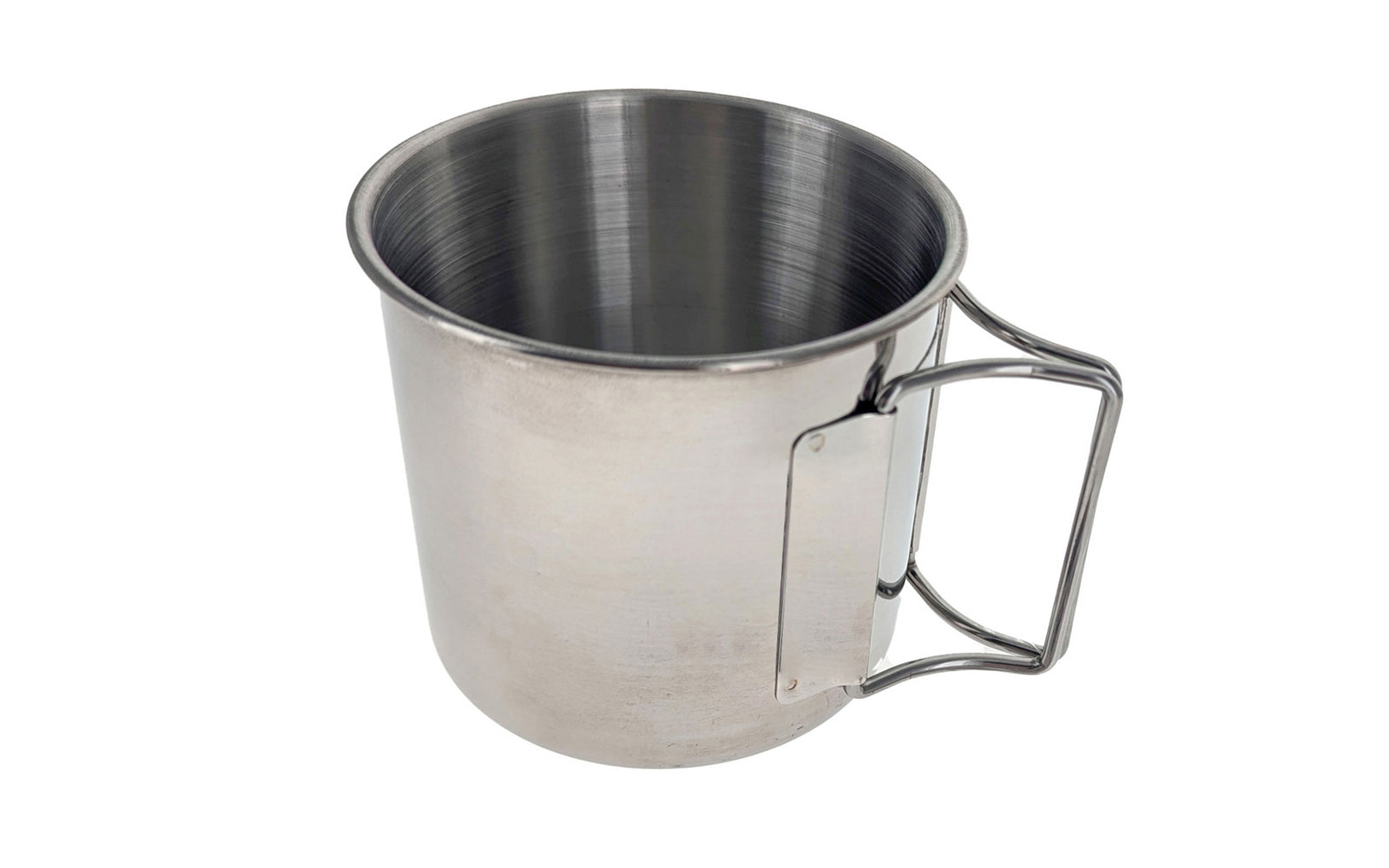 12 oz Stainless Camp Mug. Foldable handles for easy storage & portability. 304 stainless steel material. SS Camping mug with folding handles. Made by SE.