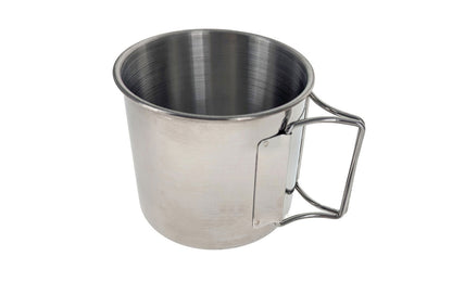 12 oz Stainless Camp Mug. Foldable handles for easy storage & portability. 304 stainless steel material. SS Camping mug with folding handles. Made by SE.