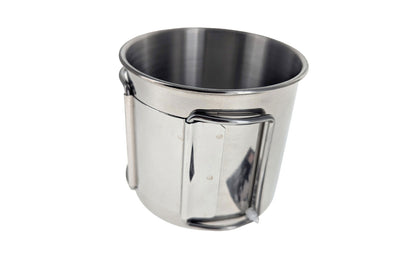 12 oz Stainless Camp Mug. Foldable handles for easy storage & portability. 304 stainless steel material. SS Camping mug with folding handles. Made by SE.