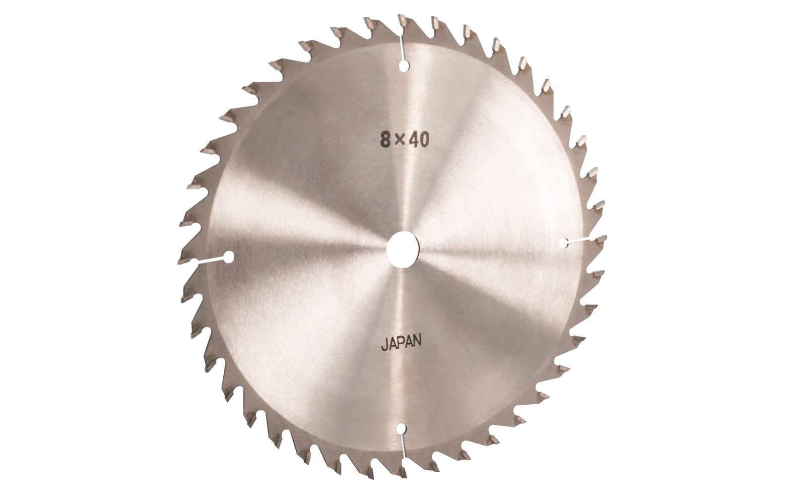 Japanese 8" circular saw blade with carbide teeth made by Sanwa. 40 tooth saw blade for woodworking. Grind: TCG saw blade - Triple Chip Grind style. 0.11" kerf. Sanwa model ST 0840. Made in Japan.