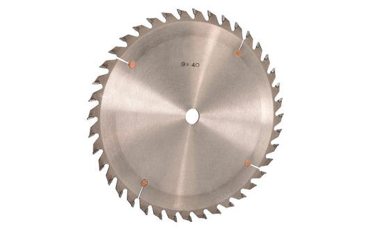 Japanese 9" circular saw blade with carbide teeth made by Sanwa. 40 tooth saw blade for woodworking. Grind: TCG saw blade - Triple Chip Grind style. 0.12" kerf. Sanwa model ST 0940. Made in Japan.