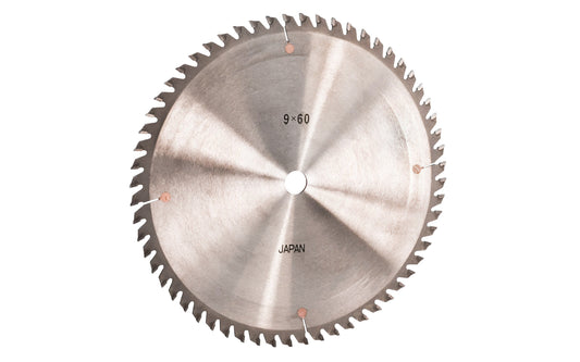 Japanese 9" circular saw blade with carbide teeth made by Sanwa. 60 tooth saw blade for woodworking. Grind: TCG saw blade - Triple Chip Grind style. 0.12" kerf. Sanwa model ST 0960. Made in Japan.