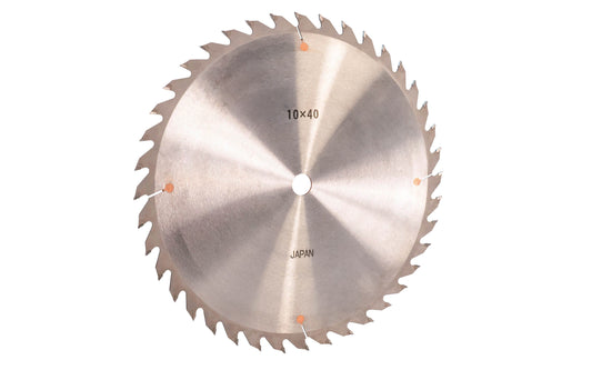 Japanese Sanwa 10" circular saw blade with carbide teeth - 40 Tooth. 40 tooth saw blade for woodworking. Grind: TCG saw blade - Triple Chip Grind style. 0.12" thin kerf blade. 5/8" arbor hole. Carbide tooth. Triple Chip blade. Sanwa model ST1040. Made in Japan.