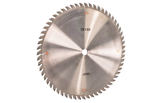 Japanese 10" circular saw blade with carbide teeth made by Sanwa. 60 tooth saw blade for woodworking. Grind: TCG saw blade - Triple Chip Grind style. 0.12" kerf. Sanwa model ST 1060. Made in Japan.