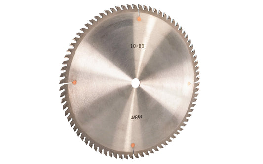 Japanese Sanwa 10" circular saw blade with carbide teeth - 80 Tooth. 80 tooth saw blade for woodworking. Grind: TCG saw blade - Triple Chip Grind style. 0.12" thin kerf blade. 5/8" arbor hole. Carbide tooth. Triple Chip blade. Sanwa model ST1080. Made in Japan.