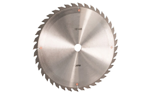 Japanese Sanwa 12" circular saw blade with carbide teeth - 40 Tooth. 40 tooth saw blade for woodworking. Grind: TCG saw blade - Triple Chip Grind style. 0.12" thin kerf blade. 1" (25 mm) arbor hole. Carbide tooth. Triple Chip blade. Sanwa model ST1240. Made in Japan.