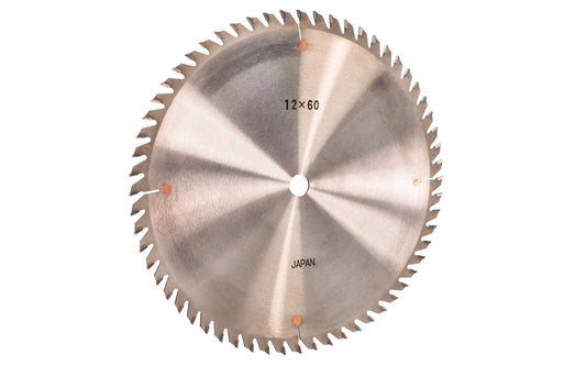 Japanese Sanwa 12" circular saw blade with carbide teeth - 60 Tooth. 60 tooth saw blade for woodworking. Grind: TCG saw blade - Triple Chip Grind style. 0.12" thin kerf blade. 1" (25 mm) arbor hole. Carbide tooth. Triple Chip blade. Sanwa model ST1260. Made in Japan.