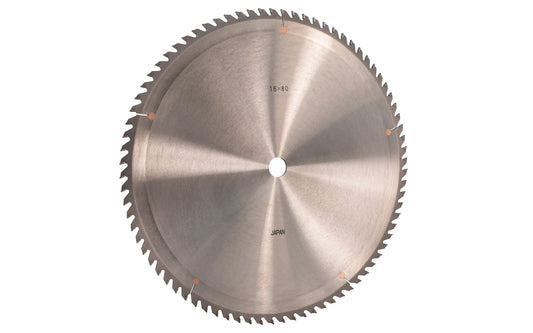Japanese Sanwa 16" circular saw blade with carbide teeth - 80 Tooth. 80 tooth thin saw blade for woodworking. Grind: ATB saw blade - Alternating Tooth Bevel. 0.16" kerf blade. 25 mm arbor hole. Carbide tooth. 1" (25 mm) arbor hole. Alternate tooth bevel blade. Sanwa model ST1680. Made in Japan.