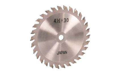 Japanese 4-1/2" circular saw blade with carbide teeth made by Sanwa. 30 tooth saw blade for woodworking. Grind: TCG saw blade - Triple Chip Grind style. 0.10" kerf. 3/8" arbor. Sanwa model ST 4530. Made in Japan.