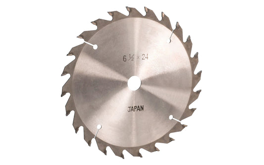 Japanese 6-1/2" circular saw blade with carbide teeth made by Sanwa. 24 tooth saw blade for woodworking. Grind: TCG saw blade - Triple Chip Grind style. 0.11" kerf. Sanwa model ST 6524. Made in Japan.