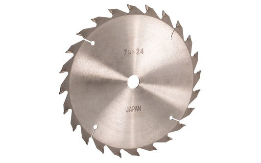 Japanese 7-1/4" circular saw blade with carbide teeth made by Sanwa. 24 tooth saw blade for woodworking. Grind: TCG saw blade - Triple Chip Grind style. 0.10" kerf. Sanwa model ST 7224. Made in Japan.