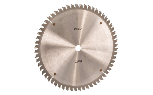 Japanese 9" circular saw blade with carbide teeth made by Sanwa. 0° Hook. 60 tooth saw blade for woodworking. Zero degree hook angle. Grind: TCG saw blade - Triple Chip Grind style. 0.12" kerf. Sanwa model ST 0960Z. Made in Japan.