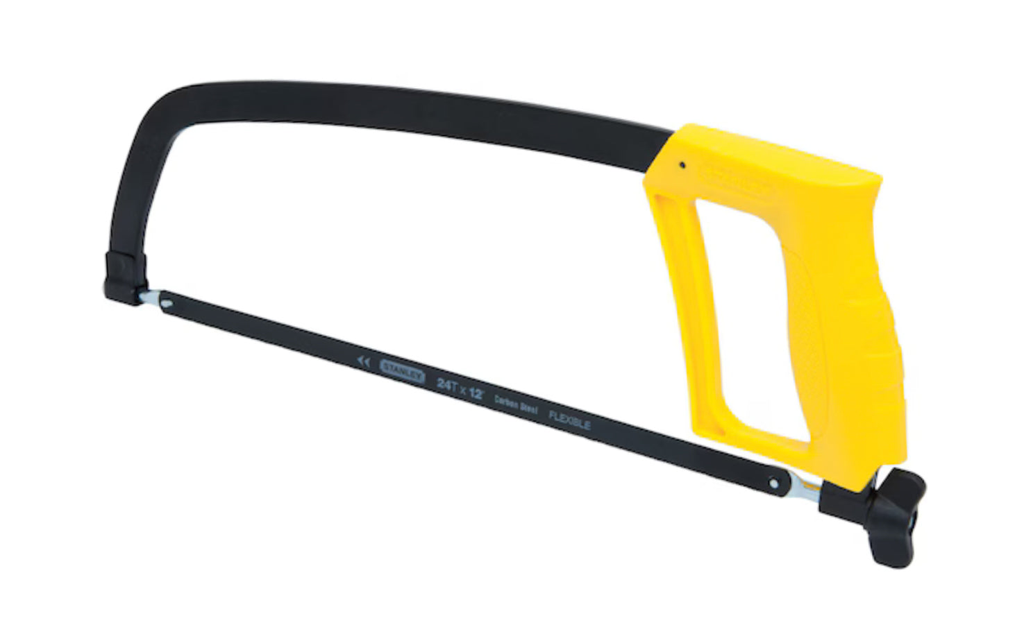 The Stanley 12" Solid Frame Hacksaw. Solid metal frame designed for tension up to 225 lbs. 12" Fixed blade length, 4-3/8" cutting depth. Stanley Tools.