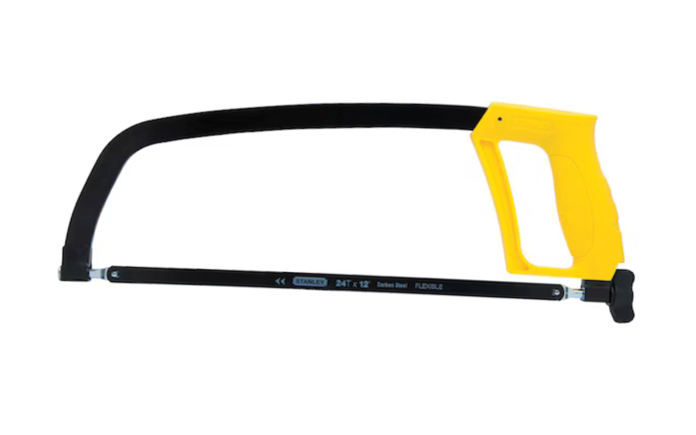 The Stanley 12" Solid Frame Hacksaw. Solid metal frame designed for tension up to 225 lbs. 12" Fixed blade length, 4-3/8" cutting depth. Stanley Tools.