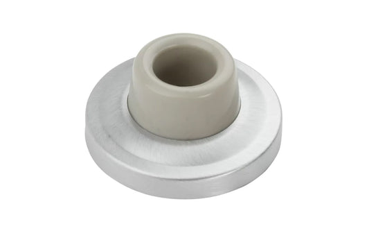 Satin Chrome Finish Solid Brass Wall Door Stop is designed to protect wall & door from damage. Large base. Solid ring, rubber bumper, & plastic wall anchor. Diameter: 2-5/16". Projection: 1-1/8". Made by National Hardware.
