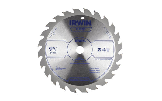 Irwin 7-1/4" Framing & Ripping Circular Saw Blade - 24 Tooth. General-purpose blade for cutting hard and softwoods. Precision-ground teeth for smooth, accurate cuts. Corrosion-resistant coating helps prevent rusting. 5/8" round arbor with diamond knockout. Irwin Model 25130.