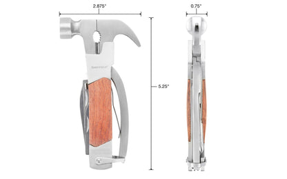 Sheffield 14-in-1 Multi-Tool. Hammer, nail claw, 1/4" slotted screwdriver, No. 2 Phillips screwdriver, linesman pliers, regular pliers, serrated blade, razor sharp knife, wire cutters, wire stripper, can opener, file, and key holder. Polished hardwood and stainless steel construction with nylon belt pouch. 5-1/4" long.