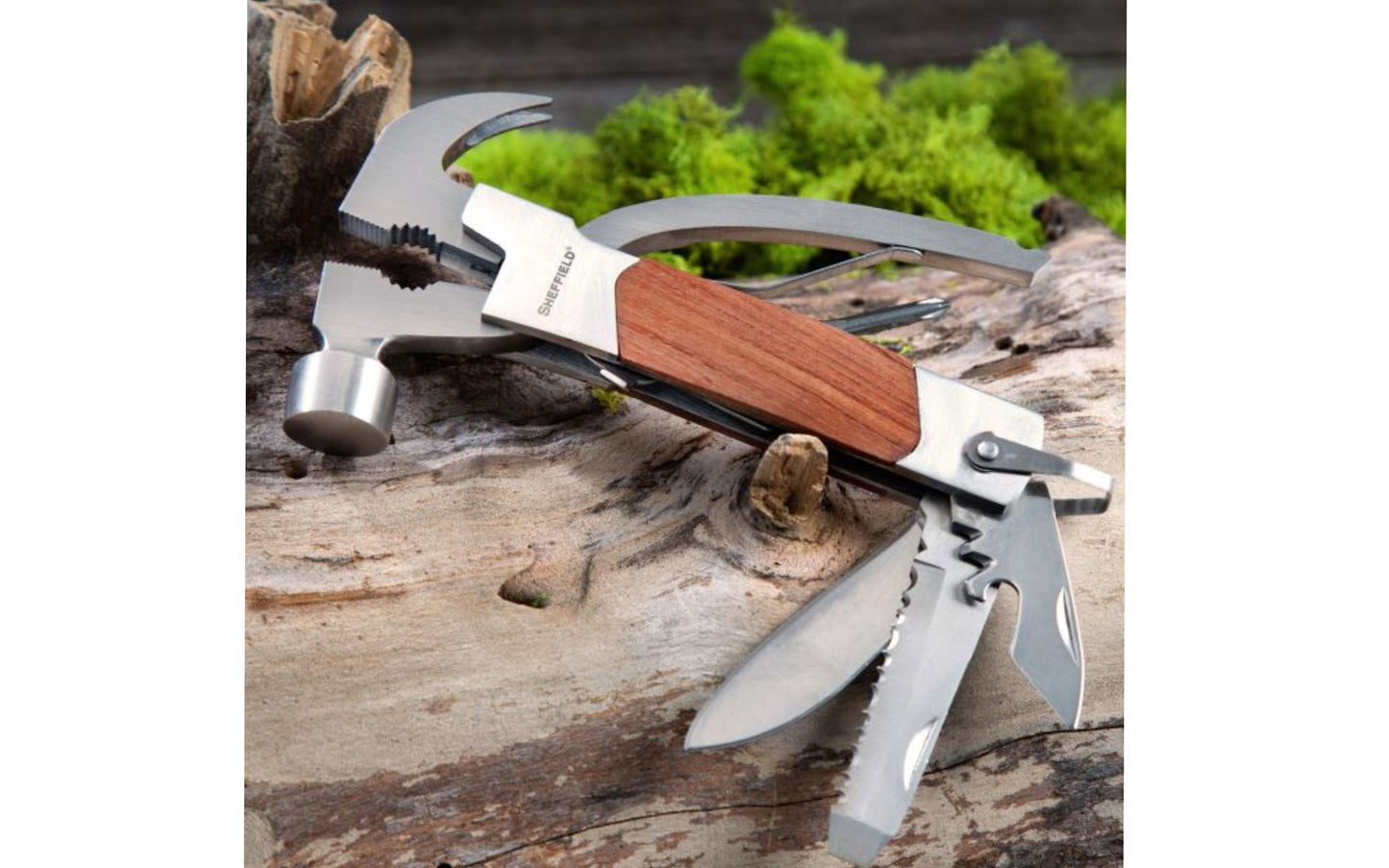 Sheffield 14-in-1 Multi-Tool. Hammer, nail claw, 1/4" slotted screwdriver, No. 2 Phillips screwdriver, linesman pliers, regular pliers, serrated blade, razor sharp knife, wire cutters, wire stripper, can opener, file, and key holder. Polished hardwood and stainless steel construction with nylon belt pouch. 5-1/4" long.