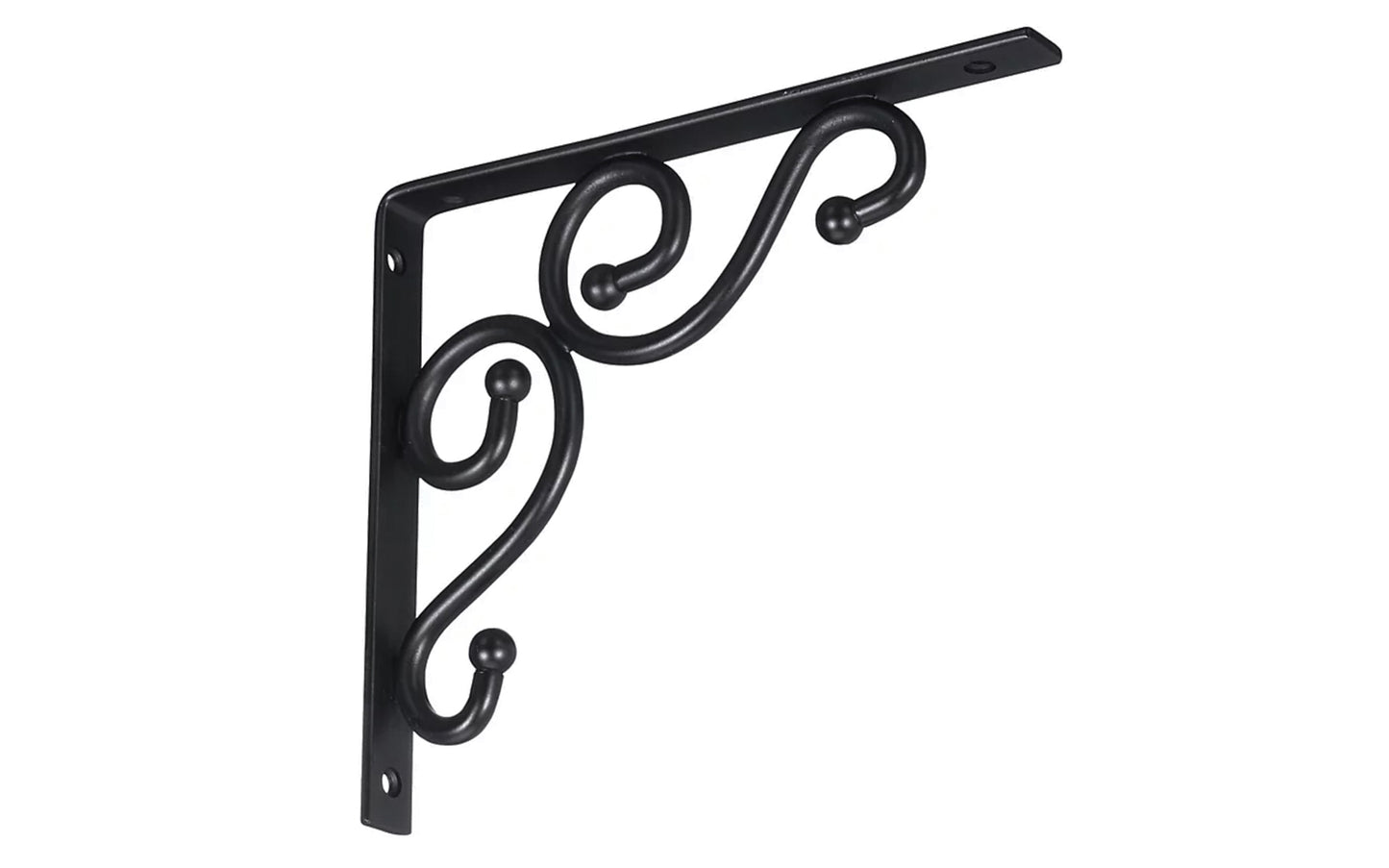 7" x 8" Black Ornamental Shelf Bracket. Black Finish on Steel. Designed for mounting to studs. Includes four phillips head screws. National Hardware Mfg. Model N236-220.